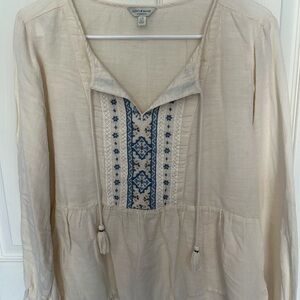 Lucky Brand Sea Salt Blouse with Blue Embroidery